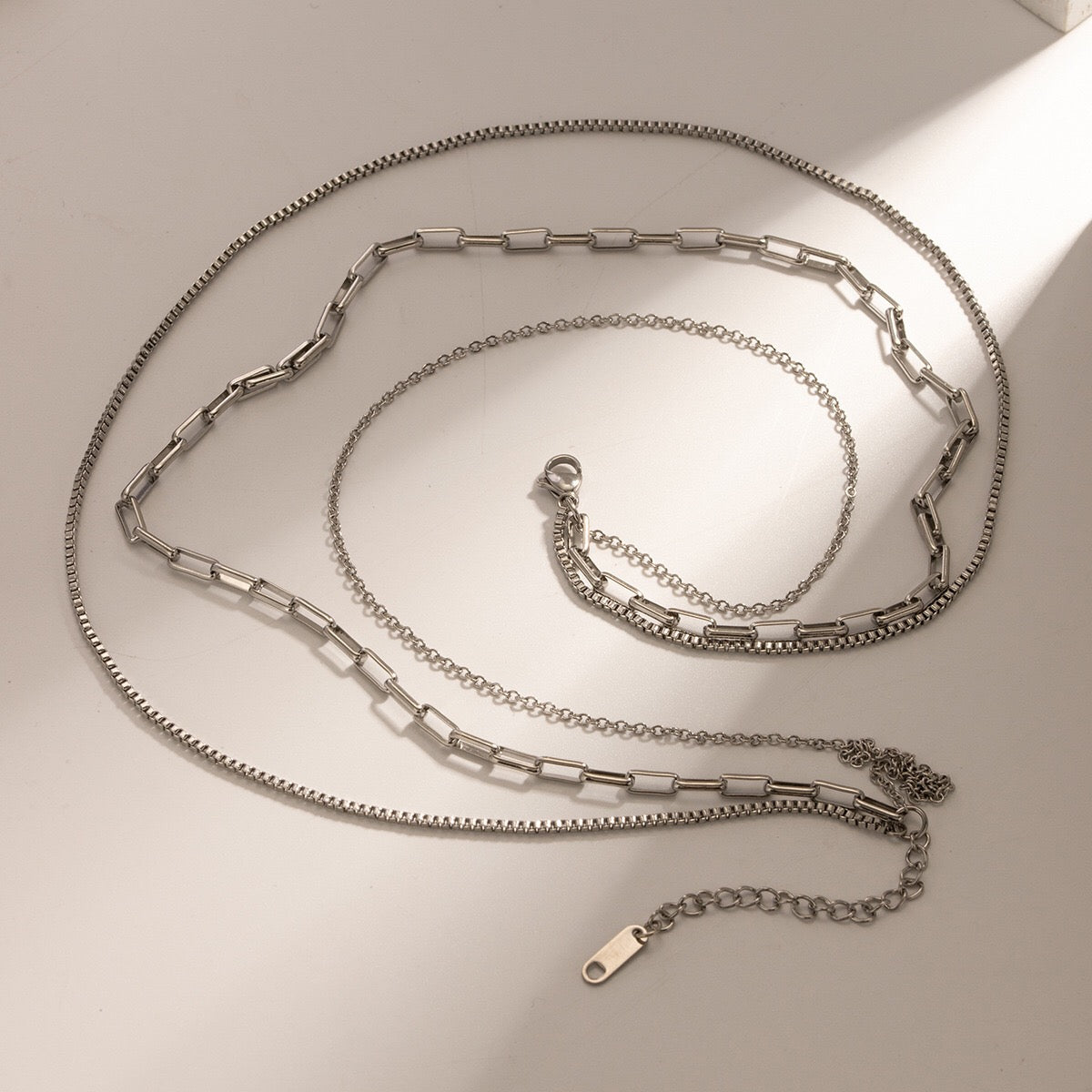 The Essential Stack Silver Paperclip Box Chain Layered Necklace Set