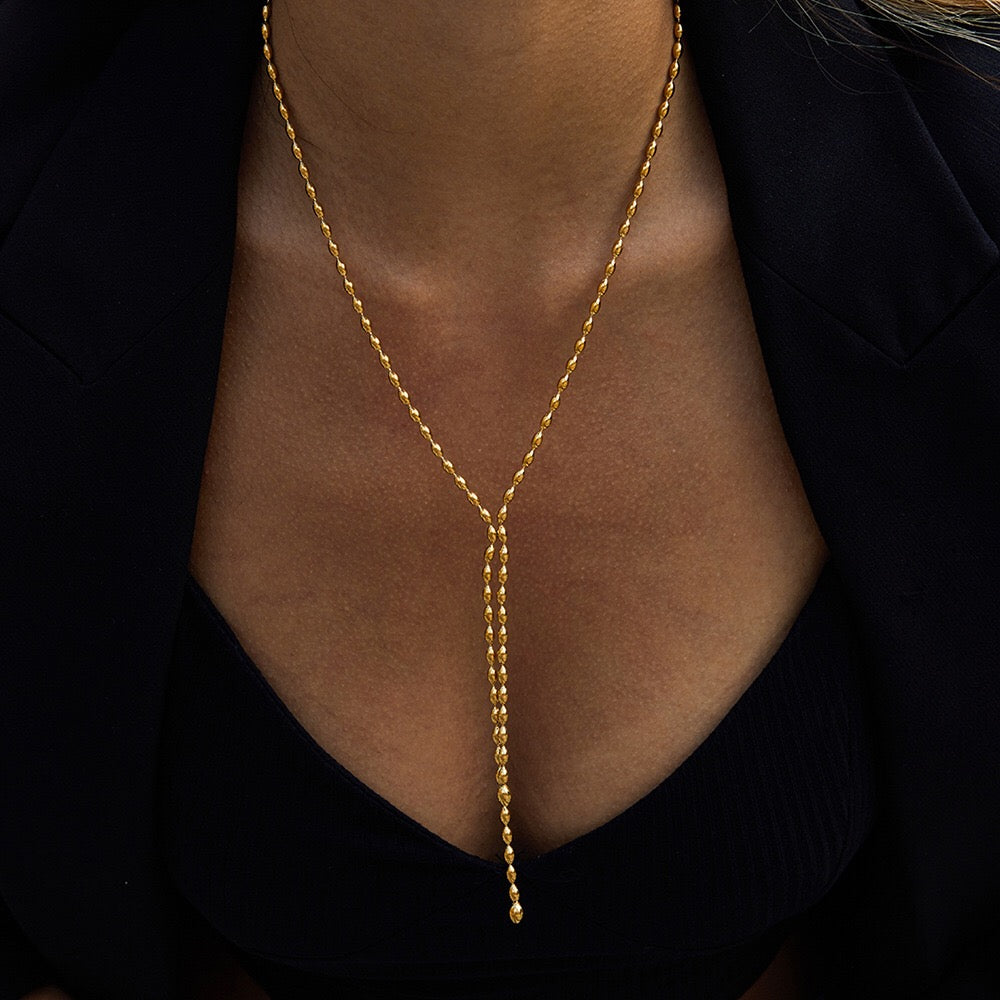 18K Gold Gala Beaded Y Shape Lariat Chain Necklace