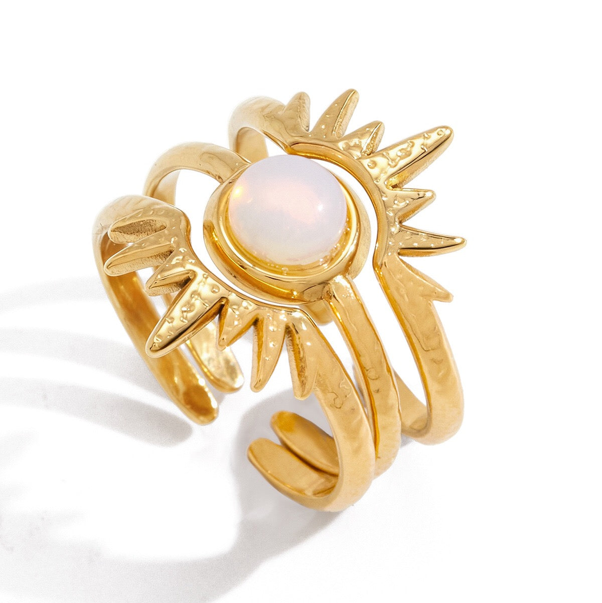 18K Gold Solar Kiss Sunburst Opal Statement Stacking Rings