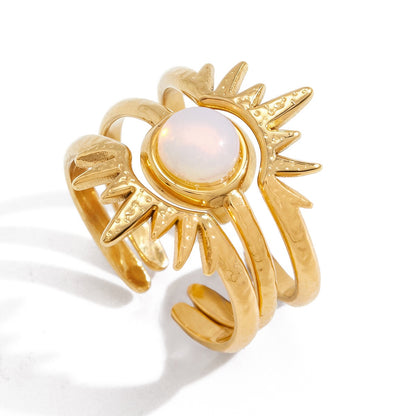 18K Gold Solar Kiss Sunburst Opal Statement Stacking Rings