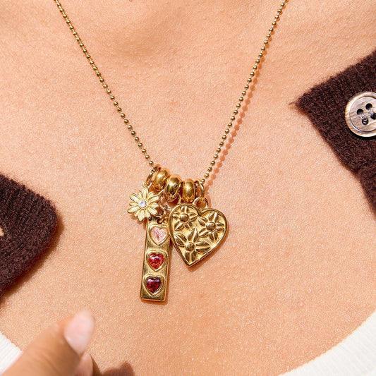 18K Gold Love in Bloom Pink Heart Flower Pendant Charm Necklace