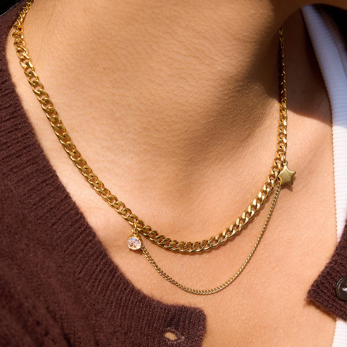 18K Gold Nova Star Cuban Link Chain Layered Necklace