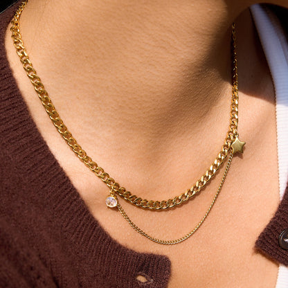 18K Gold Nova Star Cuban Link Chain Layered Necklace