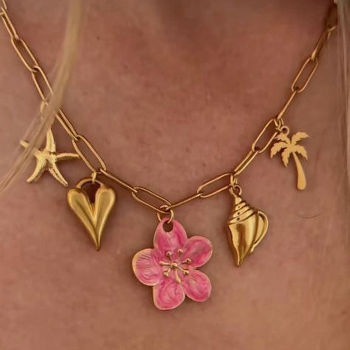 18K Gold Island Sunset Pink Flower Heart Palm Tree Summer Charm Necklace