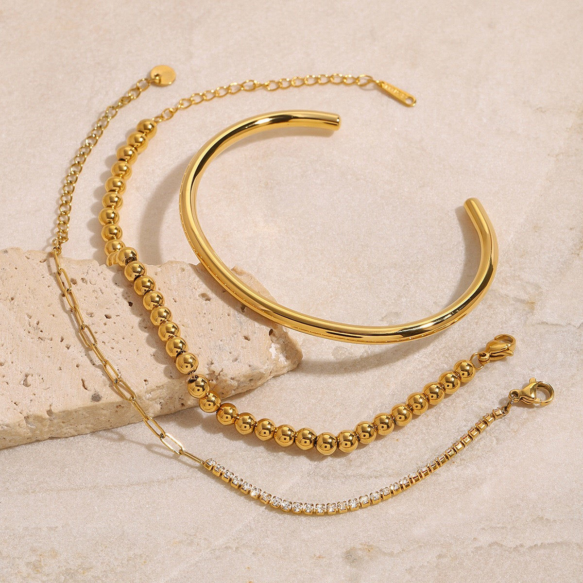 18K Gold The Fine Edit Beaded Chain Tennis Cuff Bangle Bracelet Stack