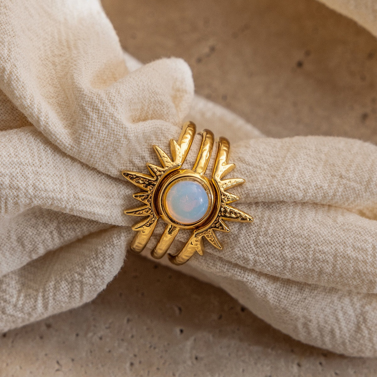 18K Gold Solar Kiss Sunburst Opal Statement Stacking Rings