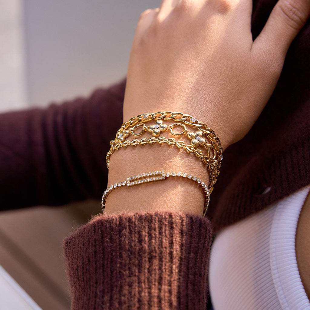 18K Gold Fortune Flower Four Leaf Clover Double Chain Bracelet