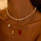 18K Gold Gummy Bear Cute Bow Cherry Paperclip Chain Charm Necklace