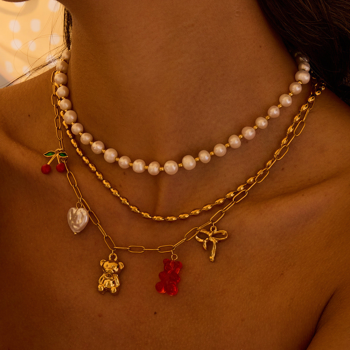 18K Gold Gummy Bear Cute Bow Cherry Paperclip Chain Charm Necklace