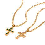 18K Gold Gemstone Cross Pendant Figaro Chain Statement Necklace