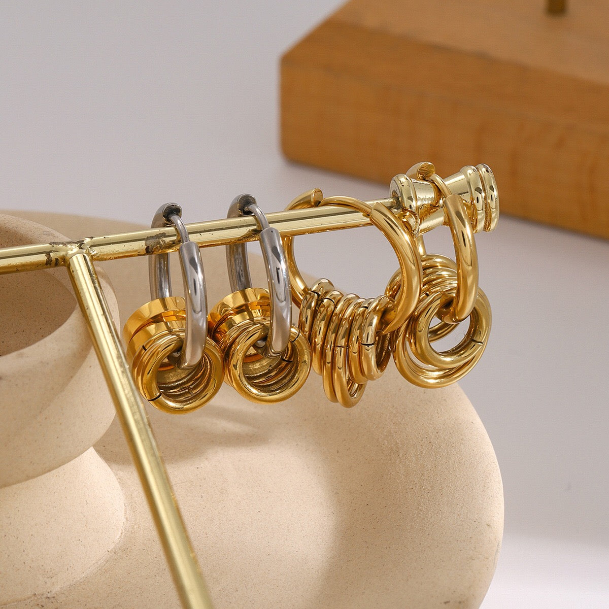 18K Gold and Silver Two Tone Sweet Motion Dangle Hoop Earrings