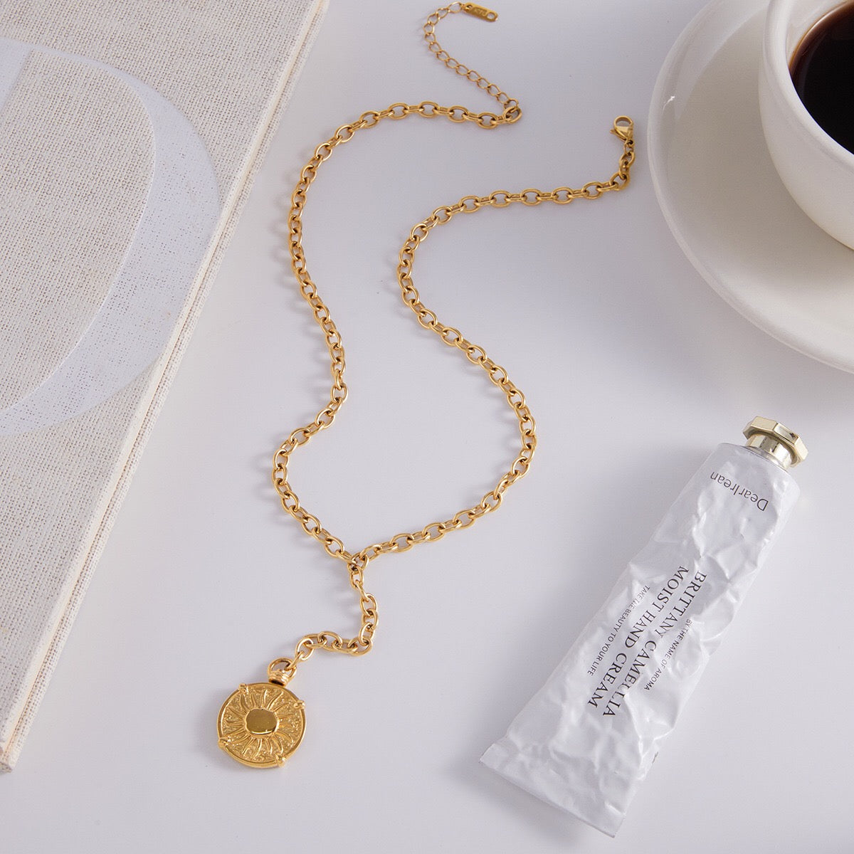 18K Gold Sun Goddess Y Shape Coin Pendant Necklace