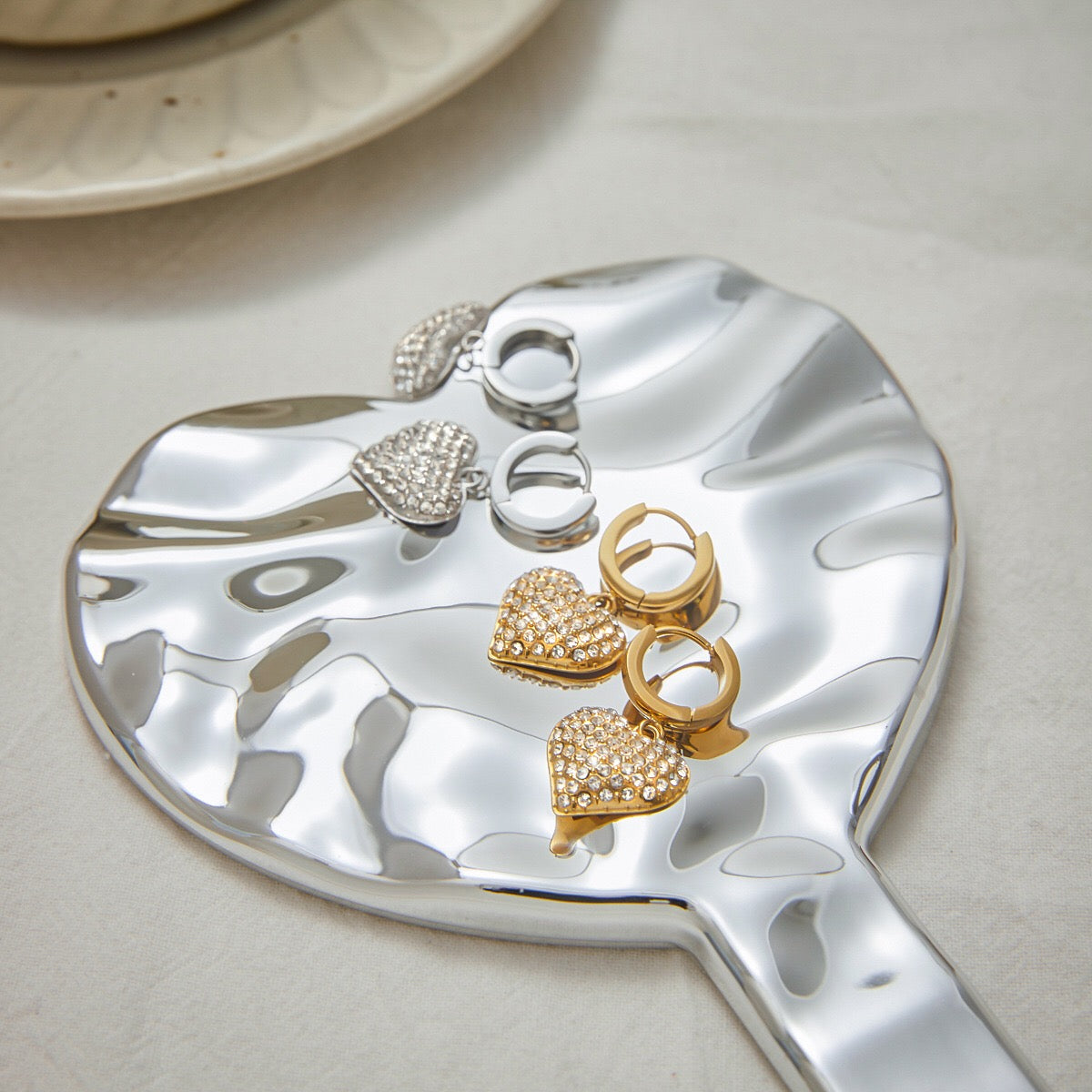 18K Gold Affection Pave Heart Dangle Small Hoop Huggie Earrings