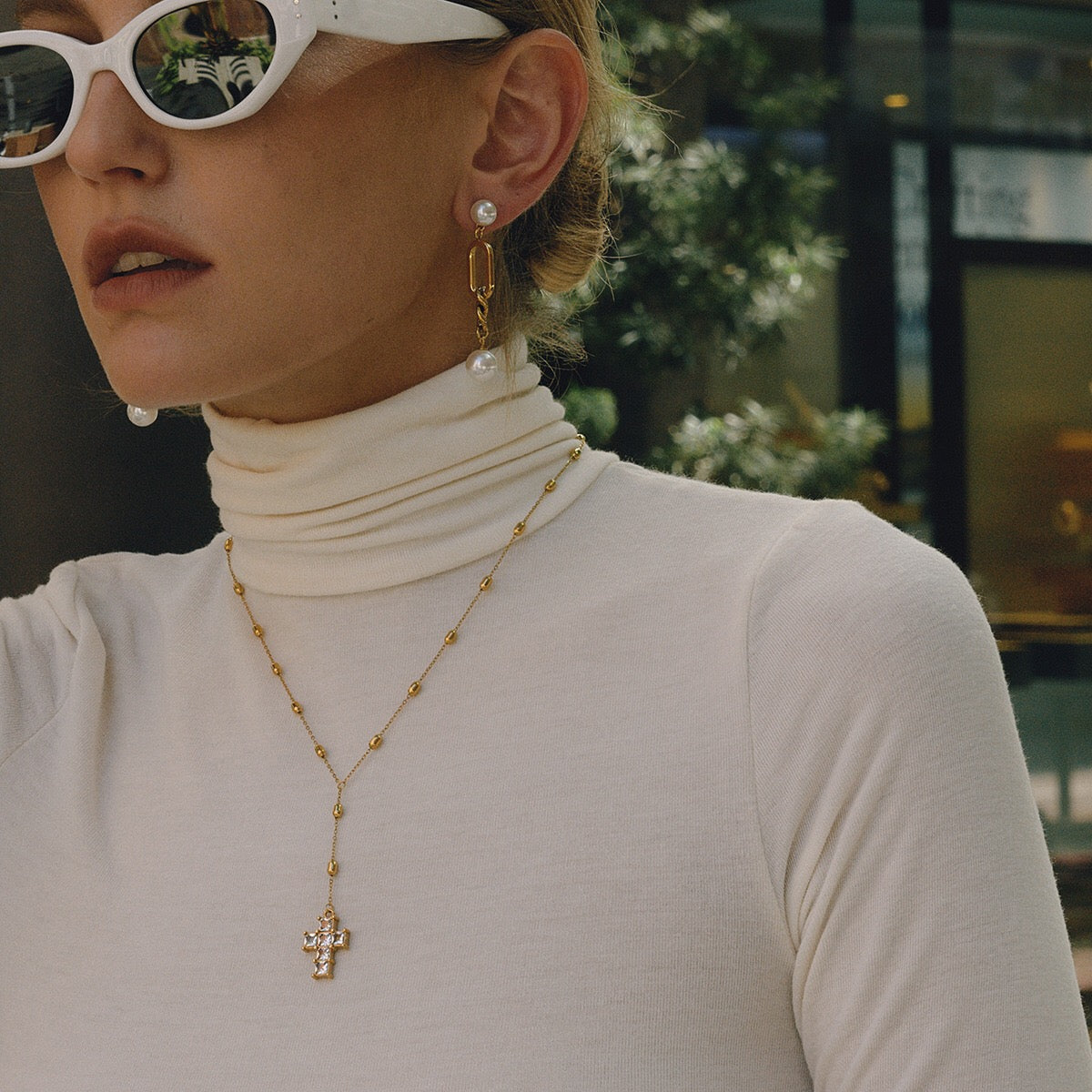18K Gold Champagne Problems Pearl Chain Drop Dangle Earrings