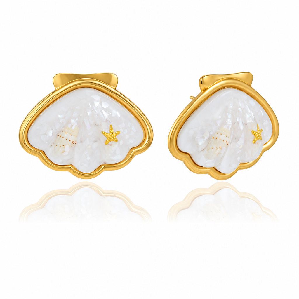 18K Gold Salt Air Seashell Pendant Necklace & Bangle Bracelet & Ring & Stud Earrings Set