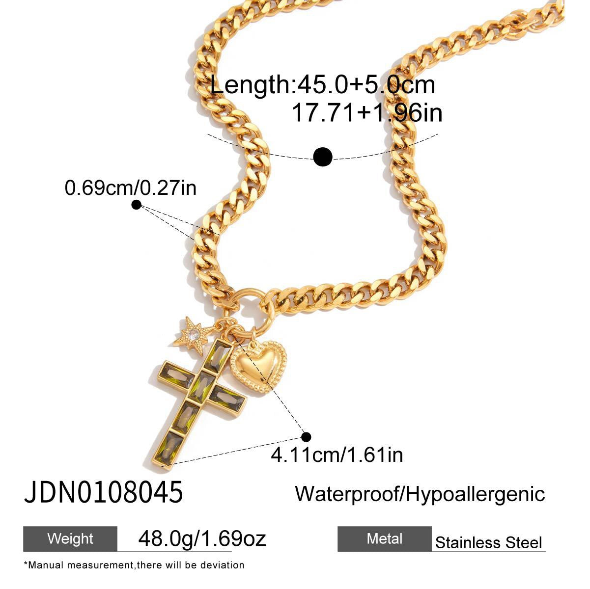 18K Gold Faith Divine Cross Heart Starburst Charm Cuban Link Chain Necklace
