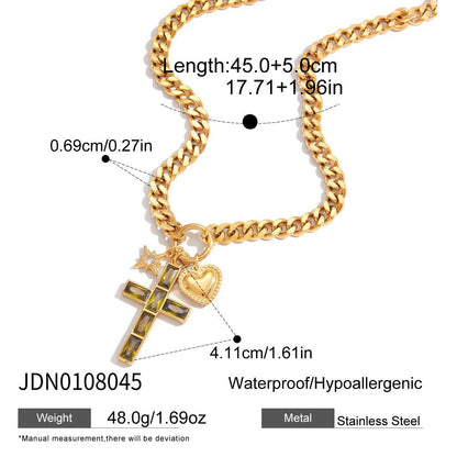 18K Gold Faith Divine Cross Heart Starburst Charm Cuban Link Chain Necklace