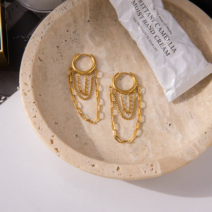 18K Gold Chic Chain Small Hoop Dangle Huggie Earrings