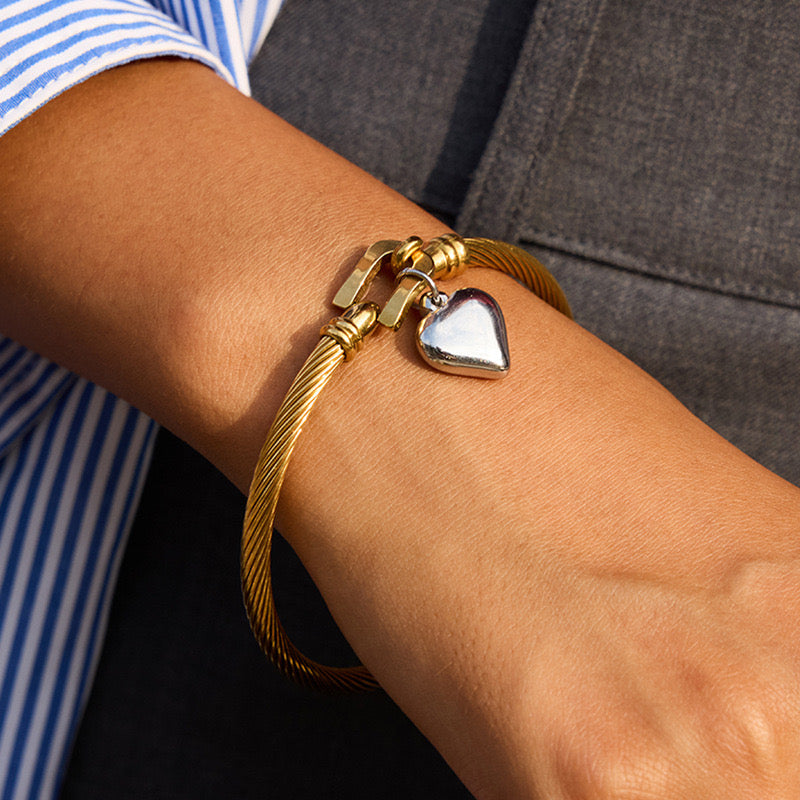 18K Gold and Silver Two Tone Heart Charm Bangle Bracelets