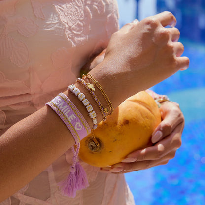18K Gold Palm Tree Charm Purple Chain Wristband Bracelet Stack