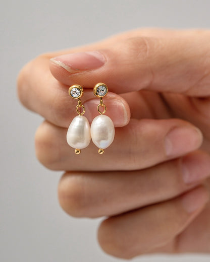 18K Gold Bling Pearl Stud Dangle Earrings