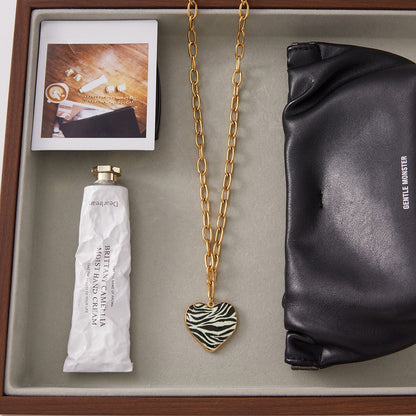 18K Gold Zebra Print Heart Pedant Paper Clip Chain Beaded Pearl Layered Necklace Set