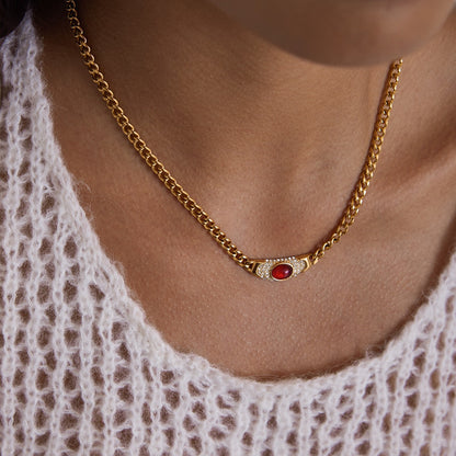 18K Gold Empire Gemstone Cuban Link Chain Statement Necklace