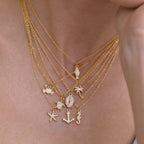 18K Gold Ocean Sparkle Seashell Palm Tree Small Hoop Huggie Earrings with Charm