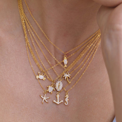 18K Gold Ocean Sparkle Seashell Palm Tree Dainty Pave Pendant Necklace Jewelry Set