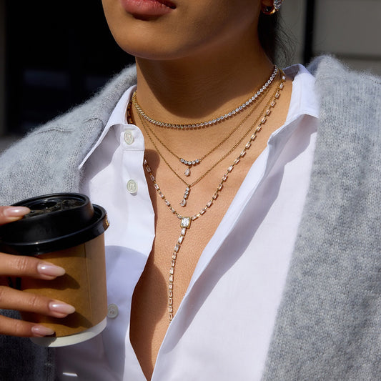 18K Gold High-wattage sparkle Pedant Y Shape Layered Necklace Set