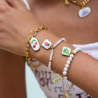 18K Gold Tropical Fruit Charm Pearl Chain Bracelet Stack