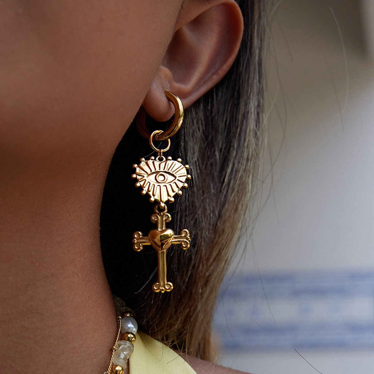 18K Gold Tempt Heart Cross Dangle Huggie Earrings with Charm