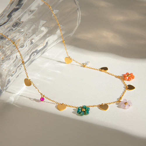 18K Gold Beaded Daisy Flower Necklace