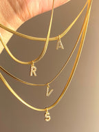 18K Gold Minimalist Glam Herringbone Chain Initial Dainty Necklace