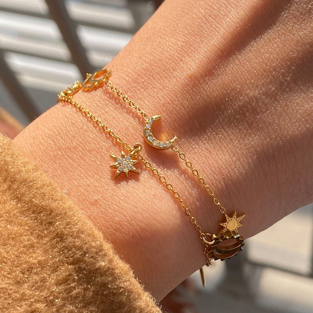 18K Gold Moon and Star Celestial Charm Chain Bracelet