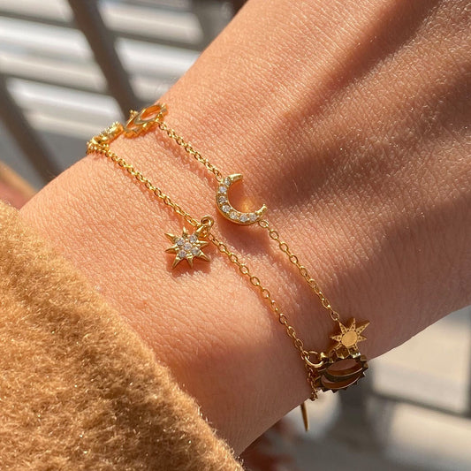 18K Gold Moon and Star Celestial Charm Chain Bracelet