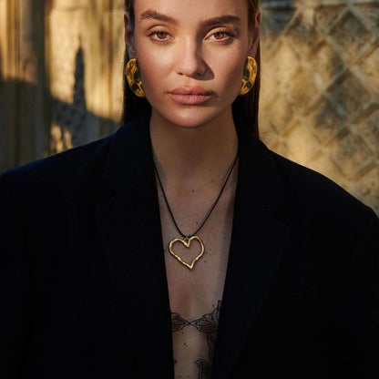 18K Gold Heart Statement  Pendant Rope Necklace