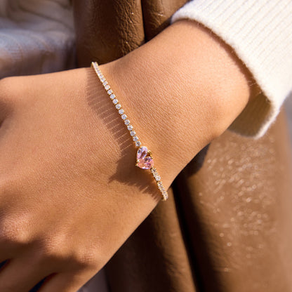 18K Gold Pink Promise Heart Dainty Tennis Chain Bracelet