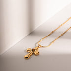 18K Gold Tiger Eye Cross Pendant Necklace