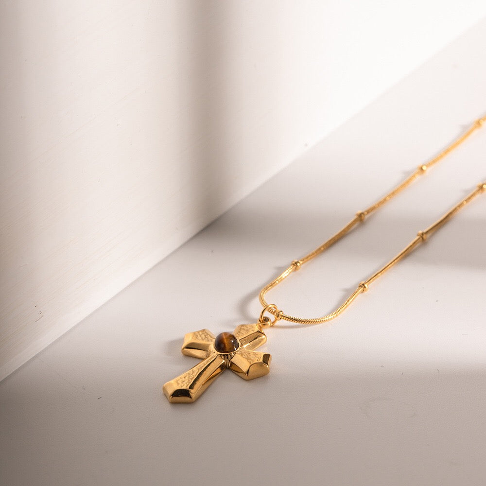 18K Gold Tiger Eye Cross Pendant Necklace