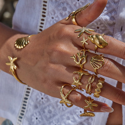 18K Gold Coastal Life Seashel Coral Starfish Ring Sets