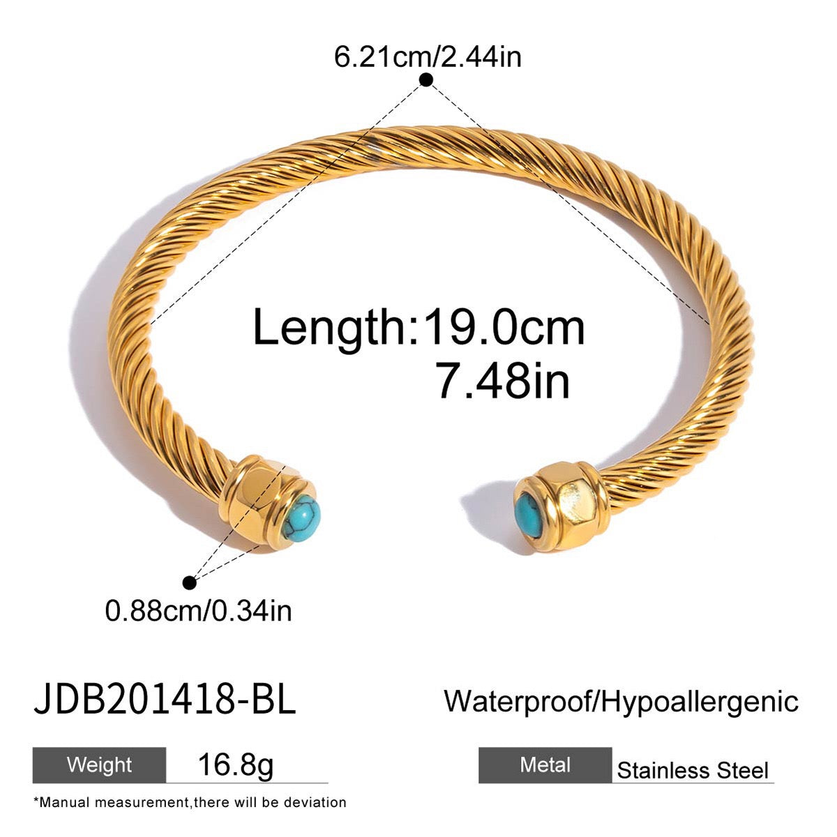 18K Gold Natural Stone Twisted Ribbed Cuff Bangle Bracelet