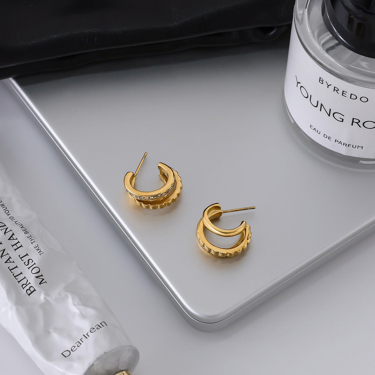 18K Gold Trio Orbit Pave Three Hoops Stud Huggie Earrings