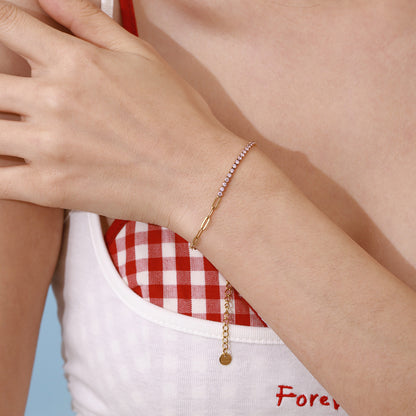 18K Gold Pink Jewel Paperclip Chain Dainty Tennis Bracelet