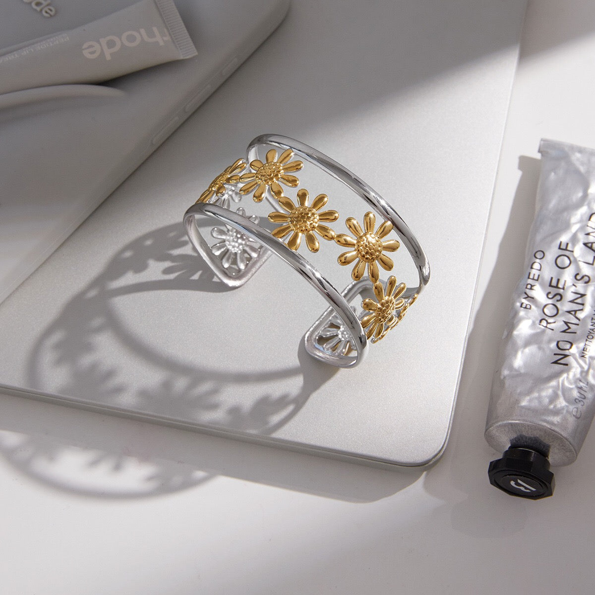 18K Gold and Silver Two Tone Wild Bloom Flower Statement Bangle Cuff Bracelet