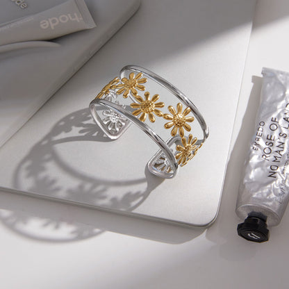 18K Gold and Silver Two Tone Wild Bloom Flower Statement Bangle Cuff Bracelet