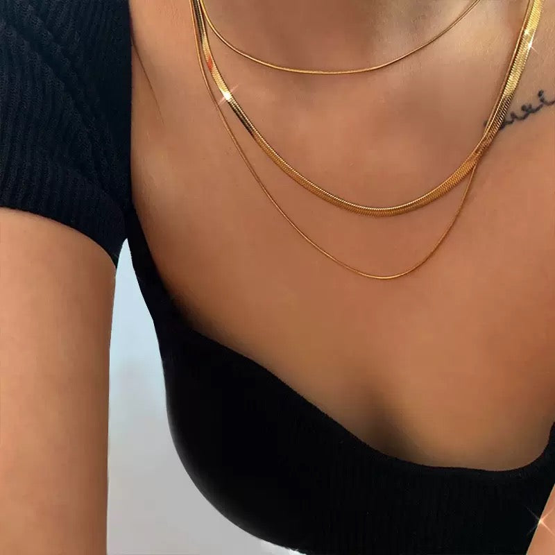 18K Gold Herringbone Snake Chain Layered Necklace