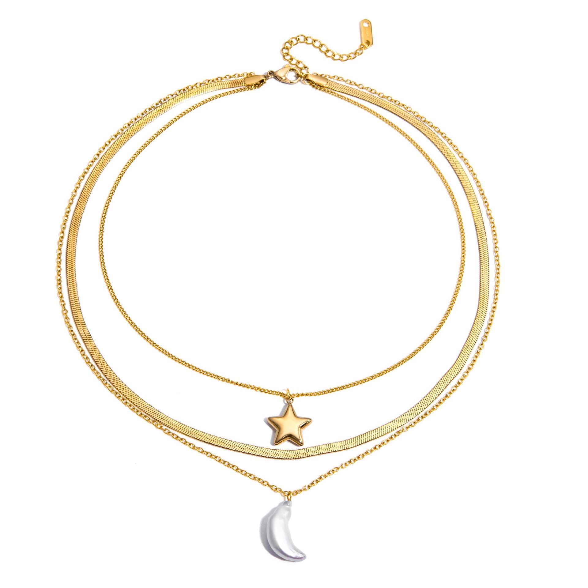 18K Gold Celestial Dream Star Pendant Pearl Moon Herringbone Chain Layered Necklace Set