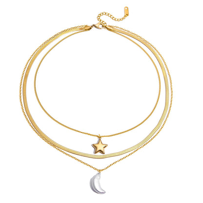 18K Gold Celestial Dream Star Pendant Pearl Moon Herringbone Chain Layered Necklace Set