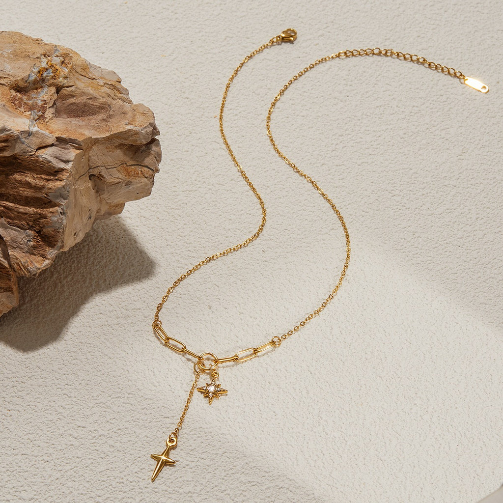 18K Gold Starry Y Shape Pendant Heart Tennis Chain Paperclip Layered Necklace Set